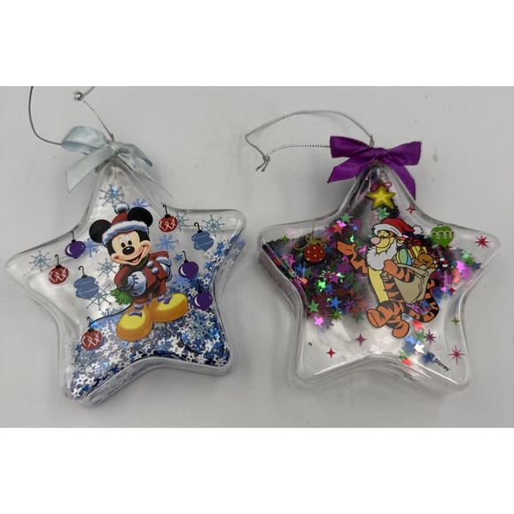 2 Disney Christmas Star Ornaments Mickey Mouse Tigger Glitter Filled 4" Tall - Picture 1 of 8